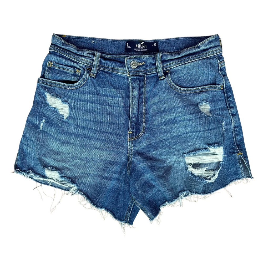 Hollister Blue Jean Shorts Distressed High-Waisted Sunflower Embroidery